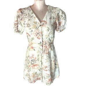 HM Linen Blend Floral Button Front Puff Sleeve Mini Dress XS Romantic Girly